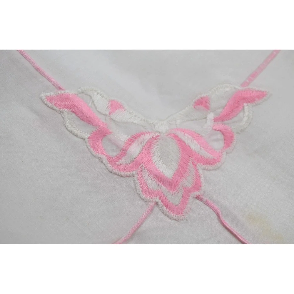 Vintage White Floral Tablecloth with Pink Roses and Line Accents 50x50